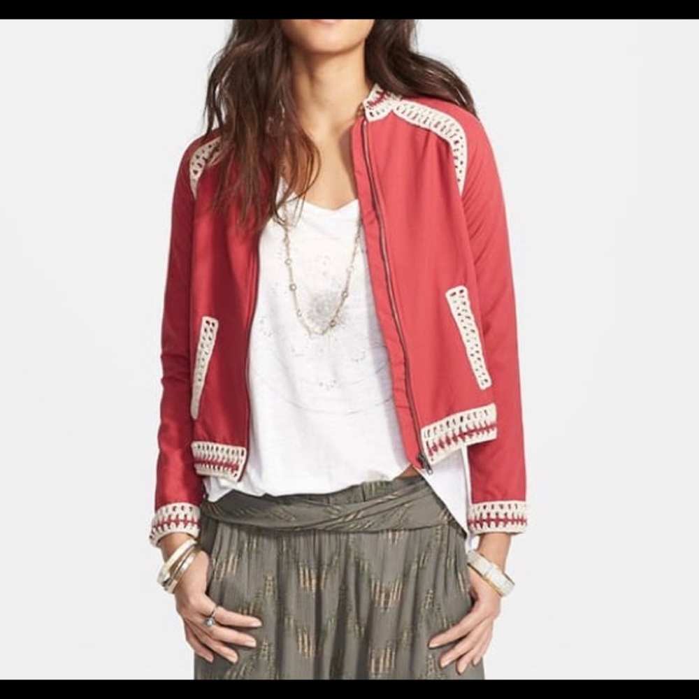 Free people crochet trim baseball jacket